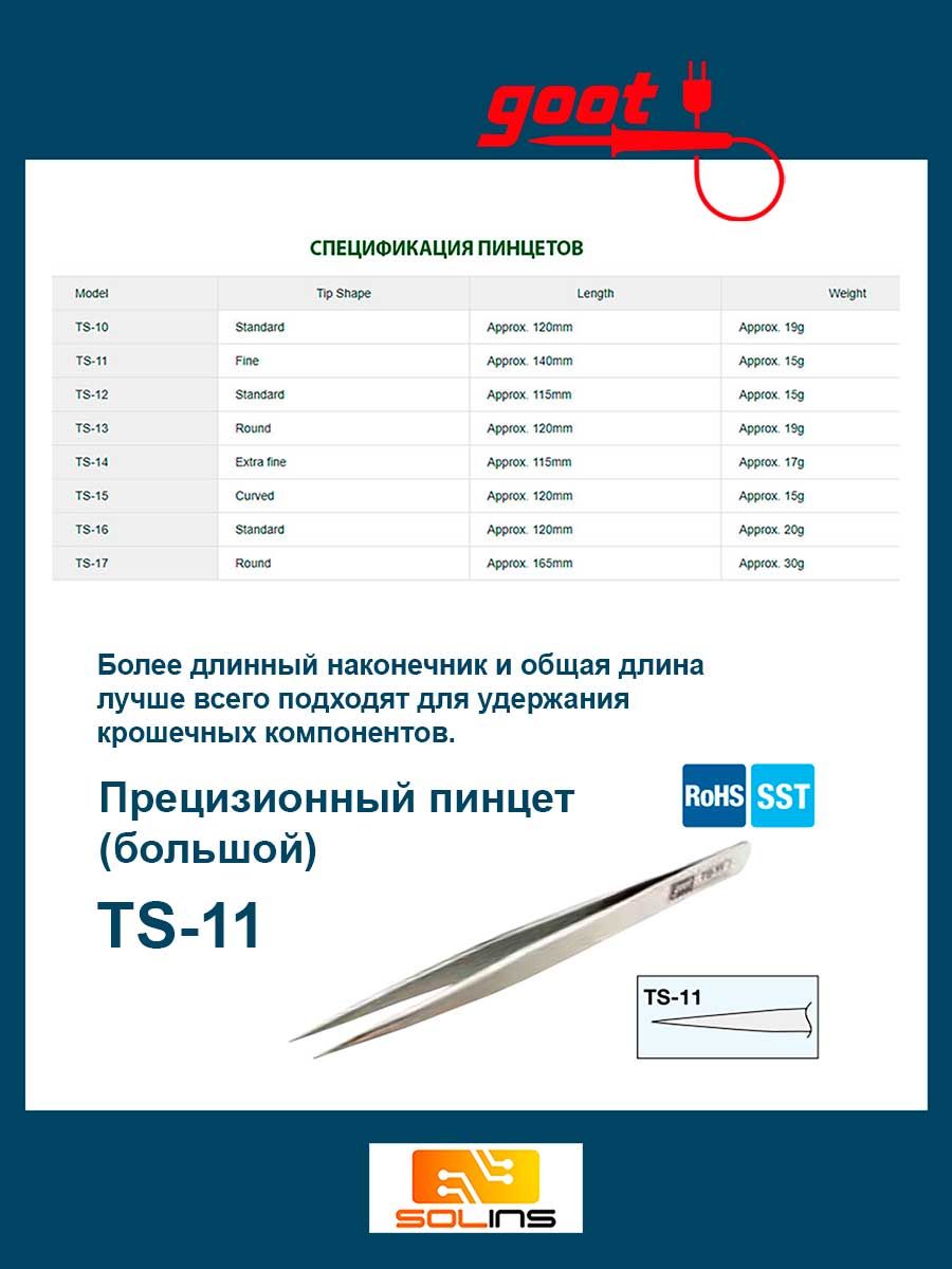 Пинцет GOOT TS-11 тонкий, удлинен антимагнитный Япония (Пинцет прямой Goot TS-11 длинный из нержавеющей стали, острый, тонкий, антимагнитный, для пайки, ремонта, рукоделия и мелких работ, Япония)