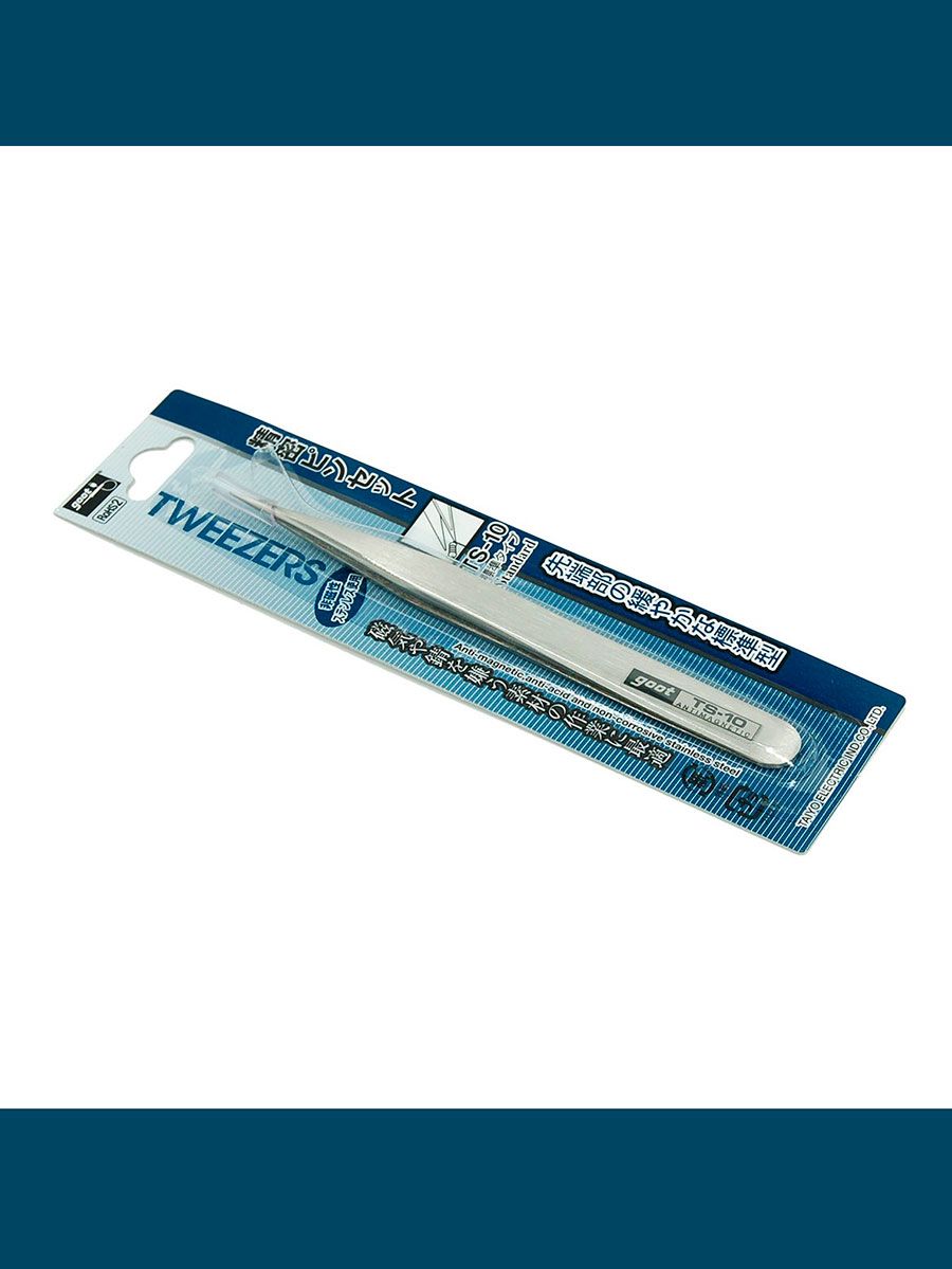 Пинцет GOOT TS-10 (тонкий, стандартный усил) Япония (Пинцет прямой Goot TS-10 из нержавеющей стали острый, тонкий, антимагнитный / Щипцы для пайки, ремонта, рукоделия и мелких работ, Япония)